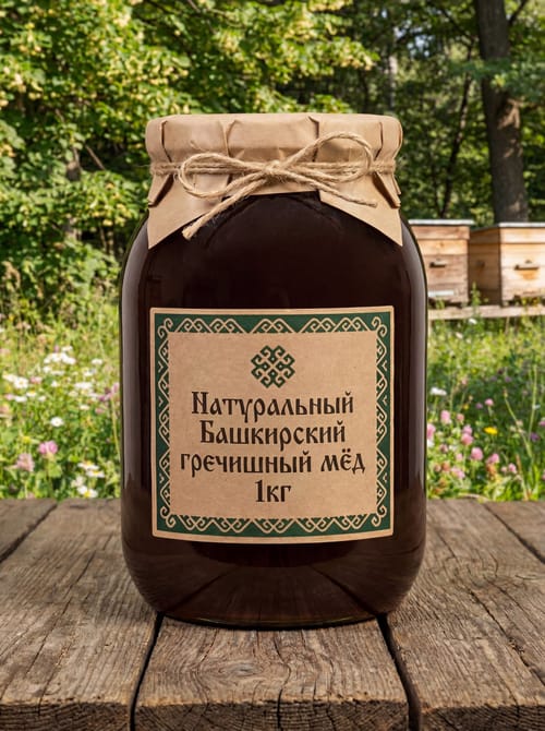 Банка гречишного мёда на фоне пасеки