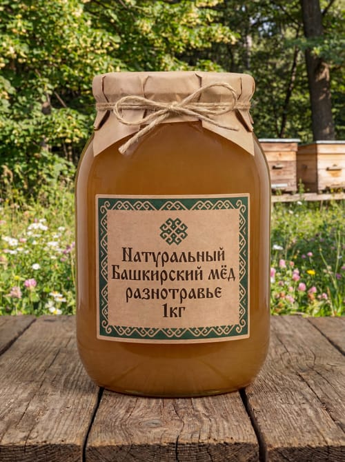 Банка мёда из цветочного разнотравья на фоне пасеки