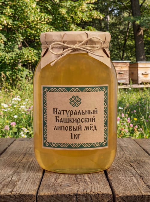 Банка липового мёда на фоне пасеки